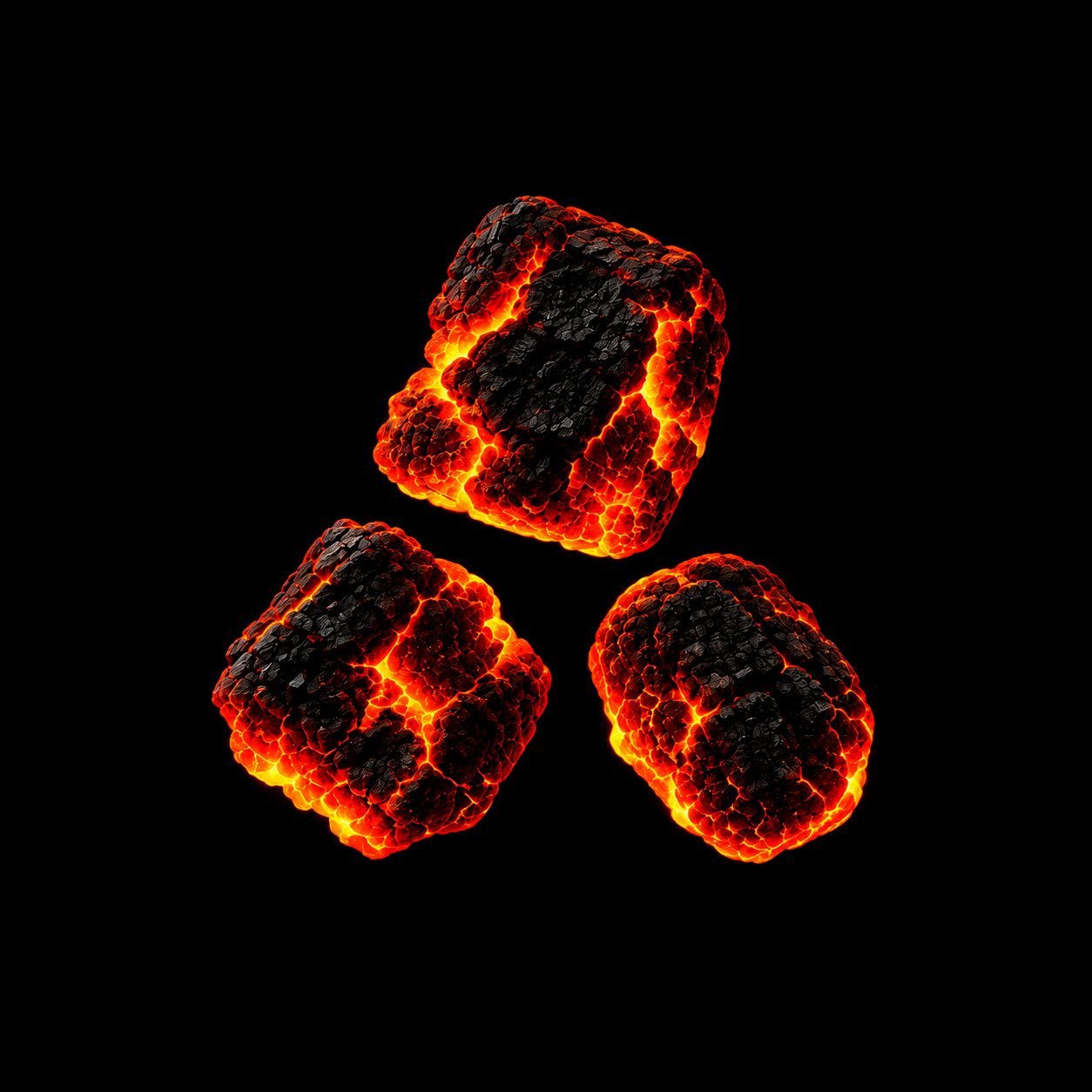 Three glowing coals in complete darkness